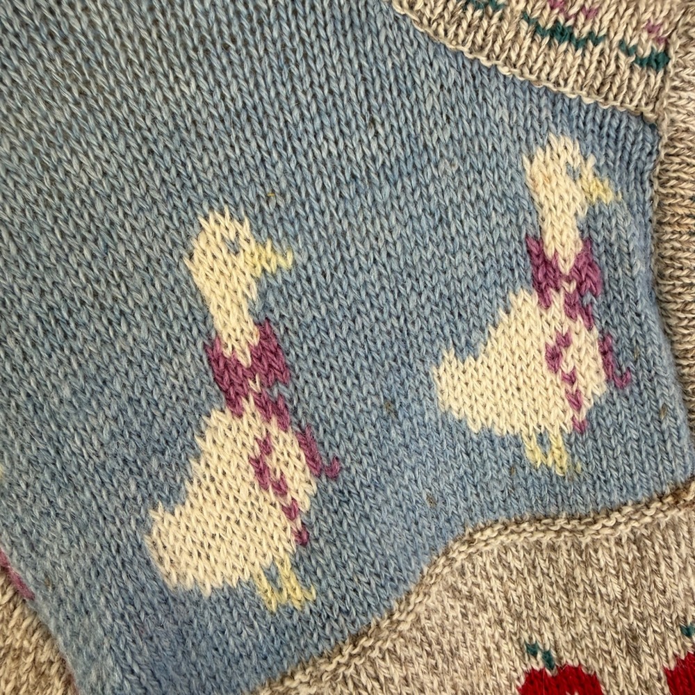 Woolrich Cardigan Sweater Women M Tan Intarsia Folk Art Geese Apple Carriage - Picture 7 of 12